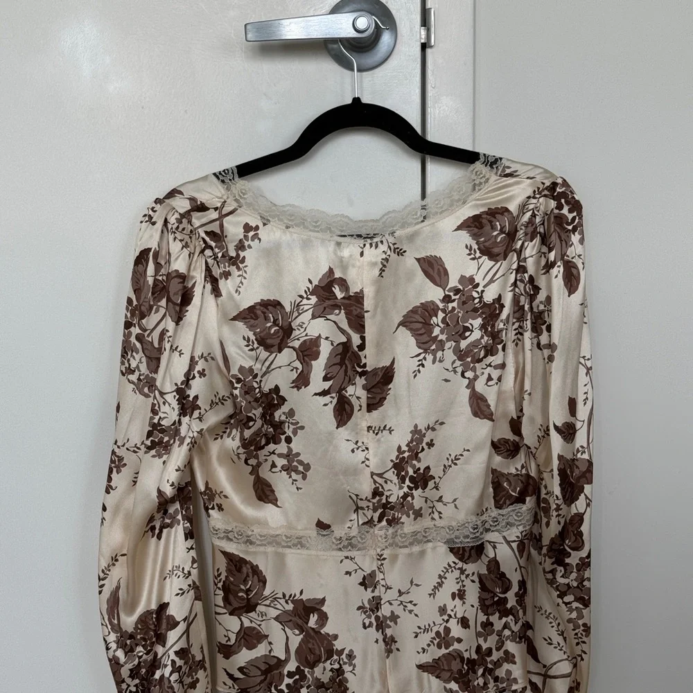 Reformation Cream Satin Floral Lace Trim Blouse